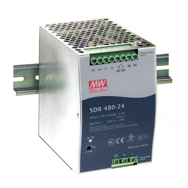 SDR-480-24 24V Çıkış 20A 480W Ray Montaj SMPS Güç Kaynağı